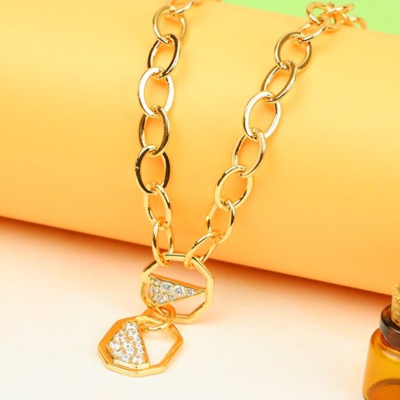 "Rose Gold Chunky Chain Necklace with Crystal Geometric Charms, XPNL1889 - Picture 10 of 12